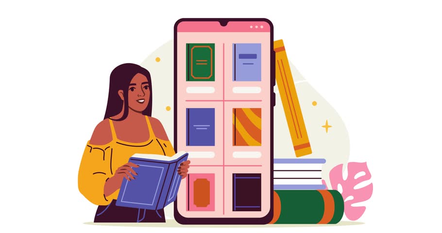 Online remote library. Moving banner with girl reading electronic books in mobile application on smartphone. Character reads books on Internet or digital bookstore. Graphic animated cartoon video clip