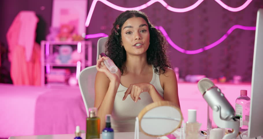 Face, makeup influencer or vlog with girl, spray or advice with content creator, promotion for cosmetics product or live streaming. Portrait, person or woman with item for skincare or record tutorial