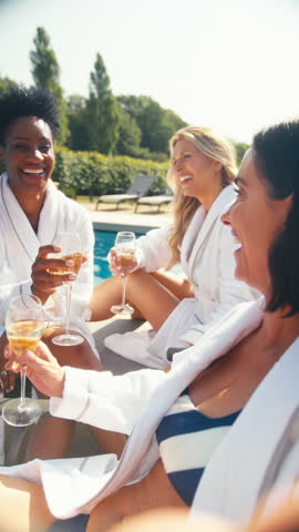POV shot of group of mature female friends wearing robes outdoors on loungers with champagne on spa day posing for selfie - shot in slow motion