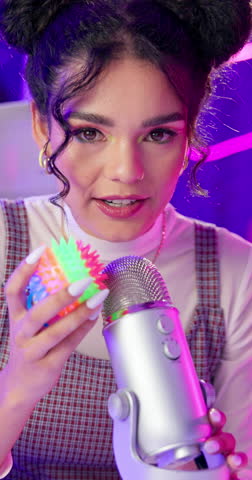 Woman, Live streaming and microphone for social media broadcast ball Asmr, audio satisfaction or entertainment. Female content creator, filming and sound waves of target audience listening to blog