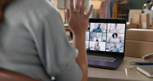 Business people, meeting and computer screen with fashion designer, seller or entrepreneur in b2b collaboration. Home, freelancer waves hello in video call or virtual client for ecommerce stakeholder - Powered by Shutterstock - Get 15% off with code: PIKWIZARD15