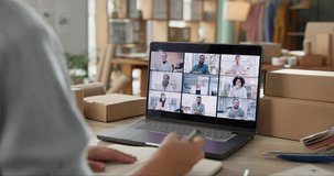 Business people, video call and laptop screen with fashion designer or entrepreneur writing notes of b2b collaboration. Home freelancer brainstorming in meeting with clients or e commerce stakeholder - Powered by Shutterstock - Get 15% off with code: PIKWIZARD15