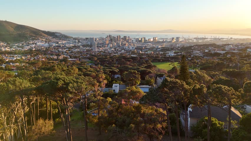 Establishing Shot of the Cape Town cityscape and the Atlantic Ocean at Sunrise