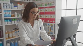A woman in a white coat stands in a pharmacy, examining a product, with various healthcare items neatly arranged on shelves in the background. - Powered by Shutterstock - Get 15% off with code: PIKWIZARD15