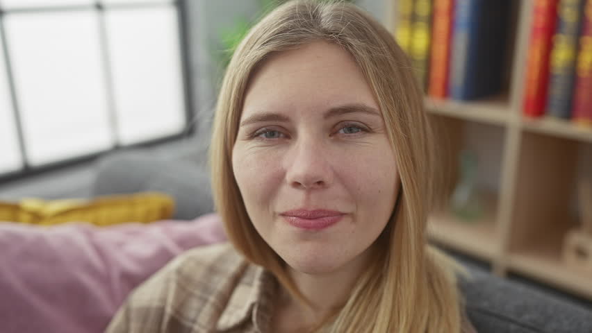 At home, a young, fun-loving blonde woman sits on the sofa, sticking her tongue out in a funny expression of pure joy. this positive, crazy gesture is a portrait of happy, indoor fun.