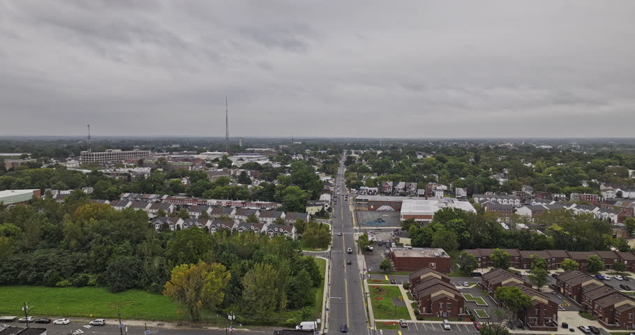 Trenton New Jersey Aerial v12 flyover Stuyvesant and Pennington Prospect capturing street traffic, residential homes and Battle Monument on a gloomy day - Shot with Mavic 3 Pro Cine - September 2023
