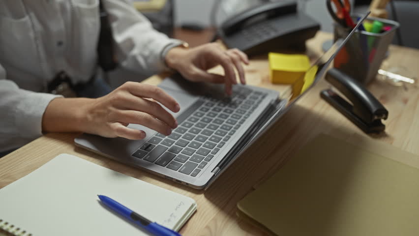 A young woman investigates a crime in a well-equipped police office, analyzing information on her laptop.