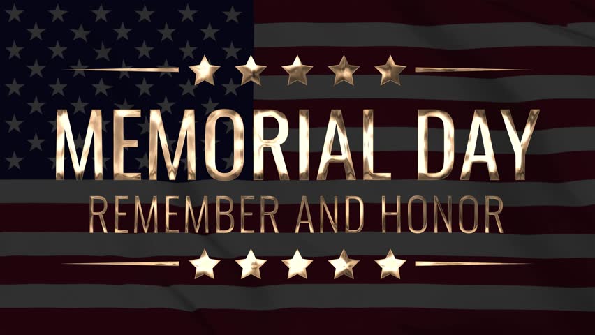 Happy Memorial Day golden text with cinematic blur animation on United States flag background. Perfect for celebrating US Memorial Day.
