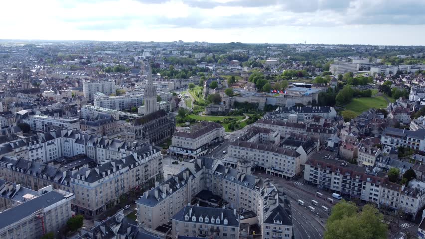 Aerial Establishing View of Caen City Center in Normandy, France