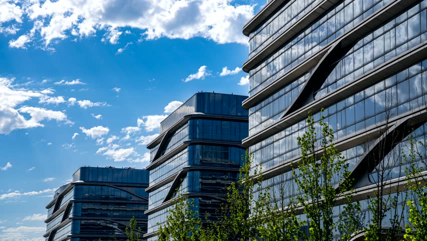 City blue sky and white clouds under the office delay