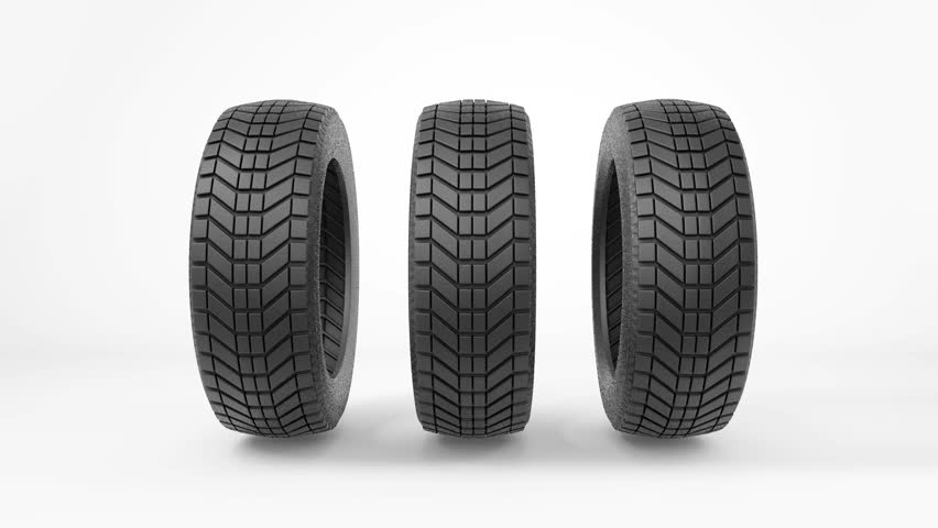 Front view of three car tires, 3d animation