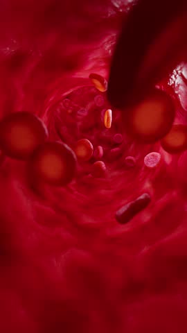 Red blood cells in artery. Vertical video.