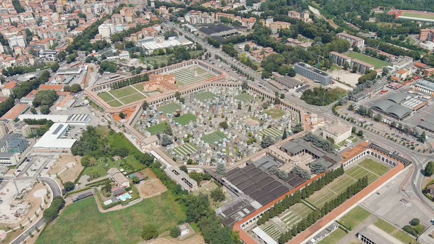 Parma, Italy. Cemetery Della Villetta (Cimitero della Villetta). Summer day. Stable, Aerial View, Point of interest