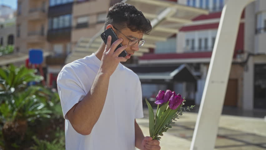 Young man talking on a phone while holding flowers in an urban park on a sunny day