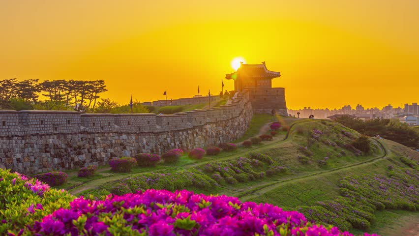 4K Time lapse video zoom out. Spring and Sunset at Hwaseong Fortress, Suwon City South Korea.
