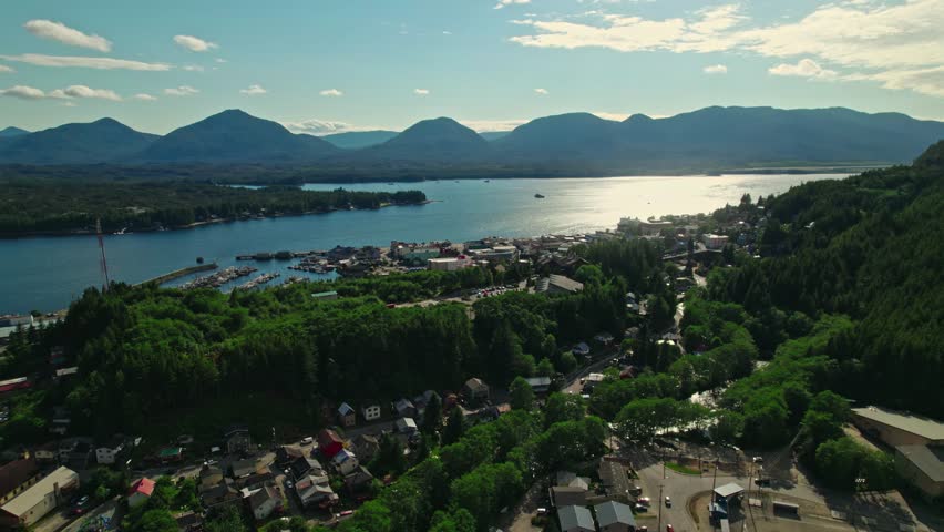 An aerial view of natural landscape scenery on a sunny day in Ketchican, Alaska