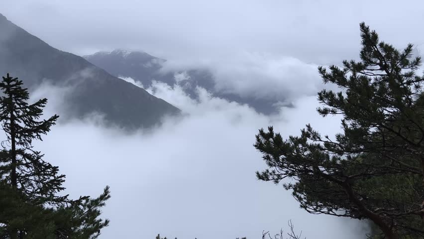 4K footage of high altitude mountain view in valley full of mist on European Alps, There are pine tree tops in the foreground, and in the background mountain slopes in mist. Italian Alps in Spring. 