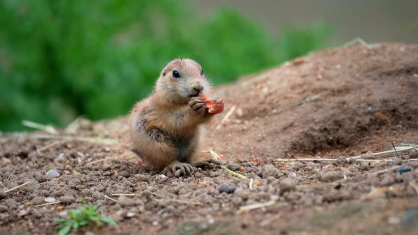 Closeup portrait of a baby prairie dog eating a piece of food while standing on a dirt mound. Prairie dog is also known as genus cynomys. 4K UHD video.