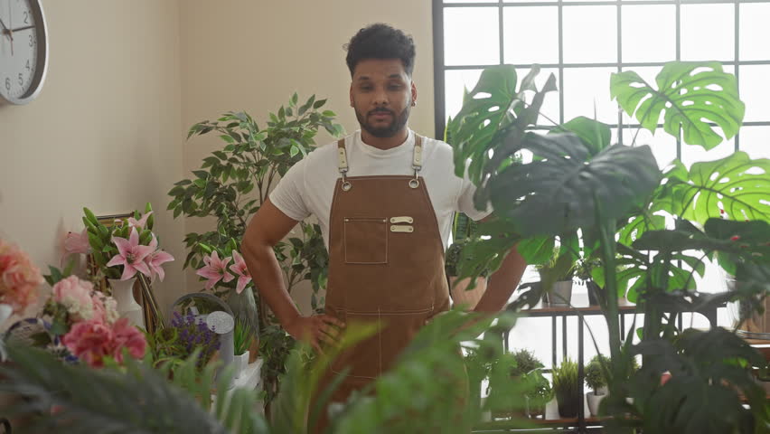 African american man standing confidently in a flower shop surrounded by lush green plants and vibrant floral arrangements.