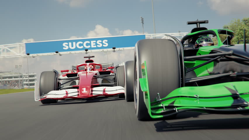 Zoom out of nose of car with number 1 to reveal a generic formula one race car overtaking another car. Dynamic front view shot. 3d animation rendering