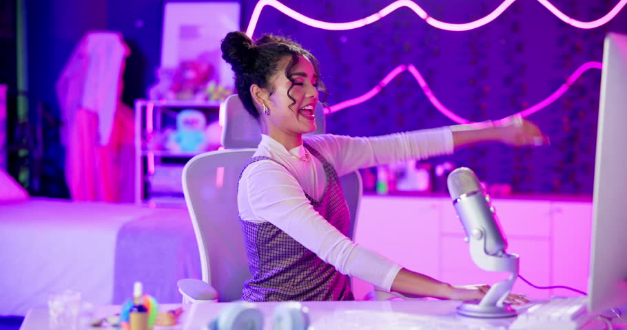 Happy, woman and influencer in portrait with microphone and neon lights for live stream with audience. Social media, smile and female person with tech on podcast or broadcast for gen z entertainment
