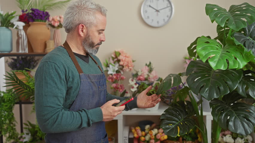 A mature man with a beard photographs plants on his smartphone in a flower shop filled with greenery.