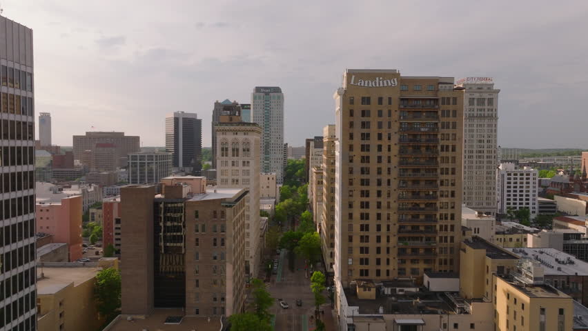 Aerial view of Birmingham, USA, featuring a mix of historical art deco and modern architecture skyscrapers in its diverse skyline in Alabama. Birmingham, Alabama, USA, April 10, 2024
