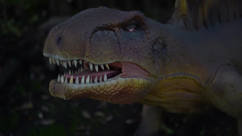 Dimetrodon moves his head in different directions. It looks like a reptile, it has curved hind legs and the lower part of its body is pressed to the ground. High quality 4k footage
