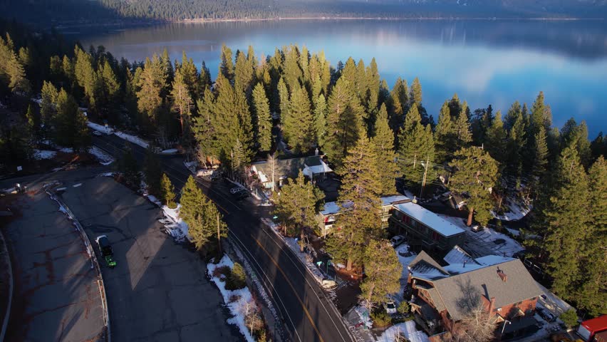 Lake Tahoe and Crystal Bay on Golden Hour in Winter Season, California Nevada State Border, Drone Aerial View