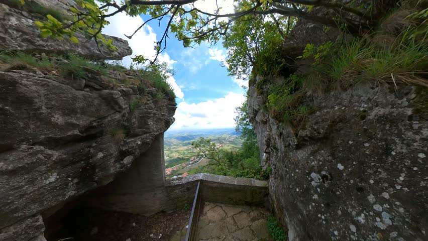 Tourist Observation Tracks in San Marino. Wide Angle Slow Motion Shot.