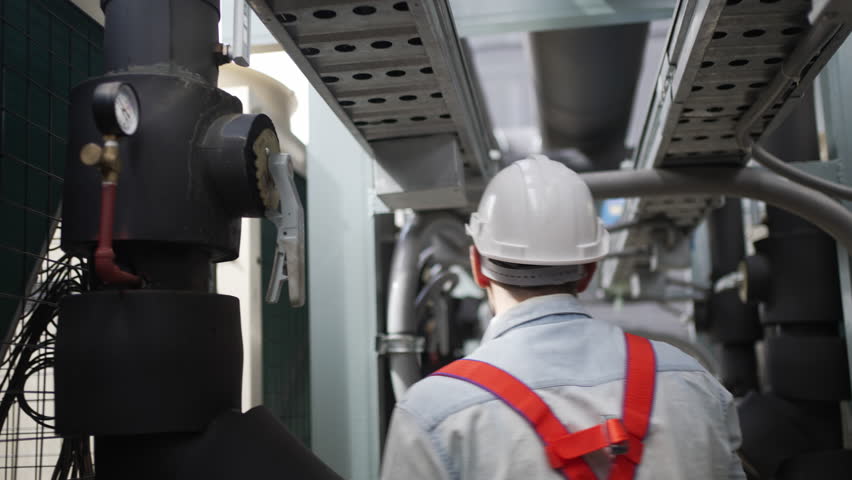 Maintenance engineer are checking cooling system at rooftop building. Blue collar worker and engineer.