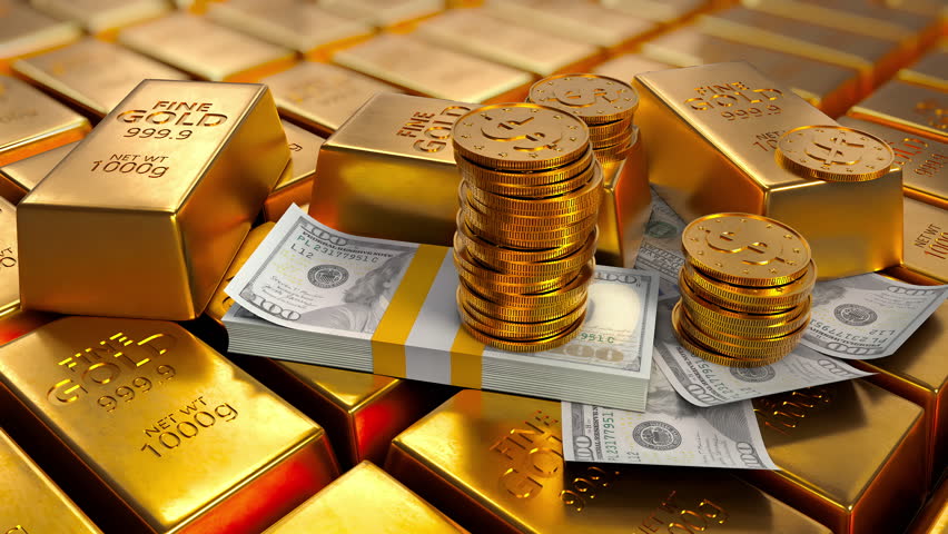 Coins with a dollar sign falling from above on banknotes and gold bars. 3d render
