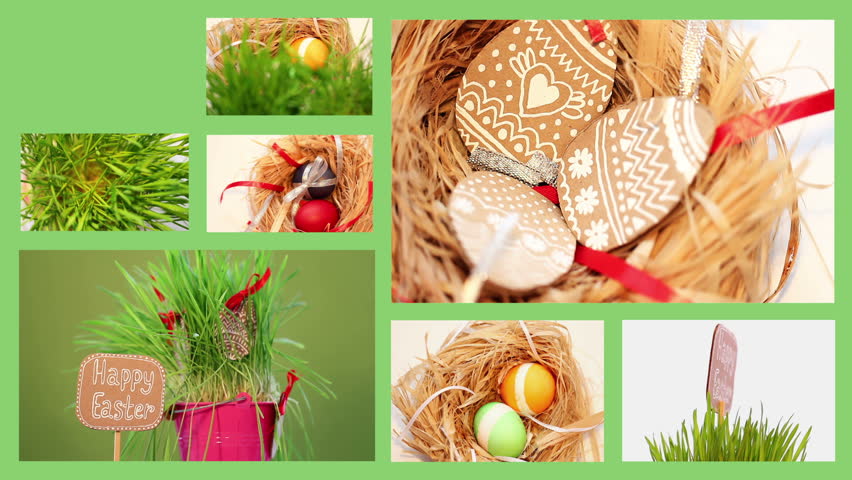 Easter set, eggs, nest, grass, spinning, hand-made, belt, green background.