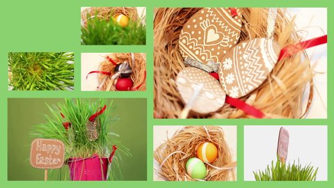 Easter set, eggs, nest, grass, spinning, hand-made, belt, green background. montage
