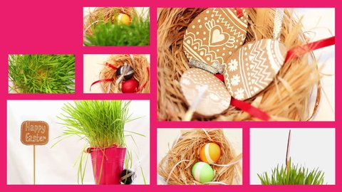 Easter set, eggs, nest, grass, spinning, hand-made, ribbons, pink background. montage