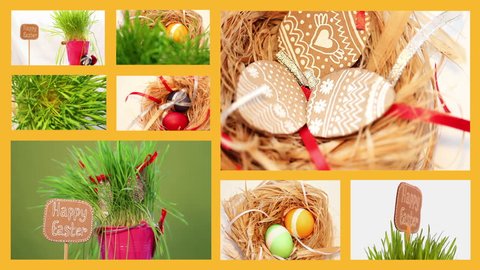 Easter set, eggs, nest, grass, spinning, hand-made, ribbons, yellow. . montage