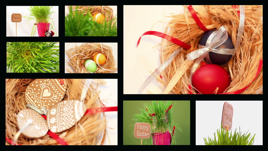 Easter set, eggs, nest, grass, spinning, hand-made, belt, black background.