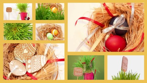 Easter set, eggs, nest, grass, spinning, hand-made, ribbons, yellow. montage