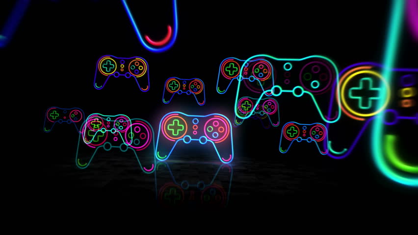 Gaming neon symbol. Light color bulbs. Game pad video retro console abstract seamless and loopable concept. 3d flying through the tunnel animation.