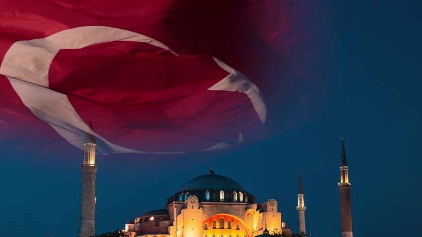 Hagia Sophia or Ayasofya Mosque with waving Turkish Flag 4K video.