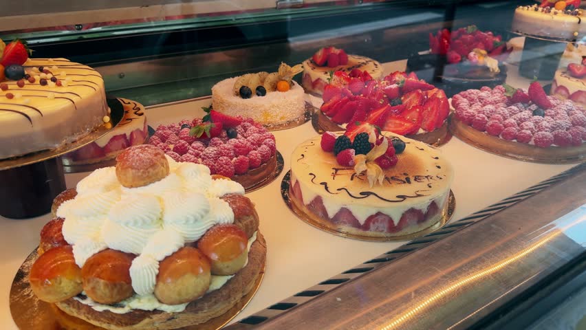 Delicious sweets pastries in patisserie cafe. Showcase of bakery close-up.