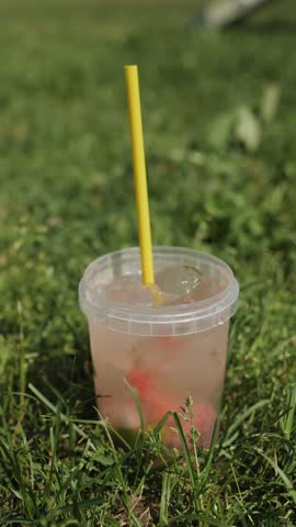 mojito cocktail with mint and watermelon in plastic glass on the grass outdoors. Summer vibes, drinking outdoors. Smoked cocktail