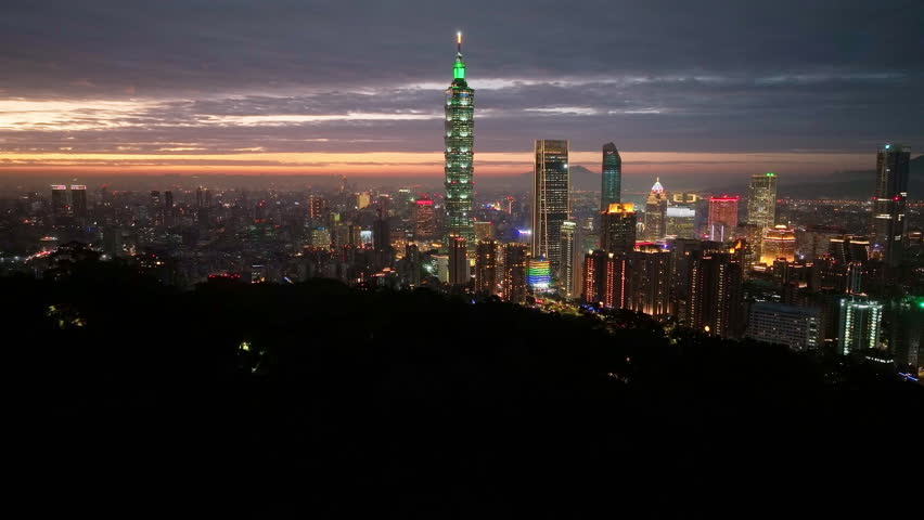 Aerial view of Taipei, Taiwan and sunset sky.