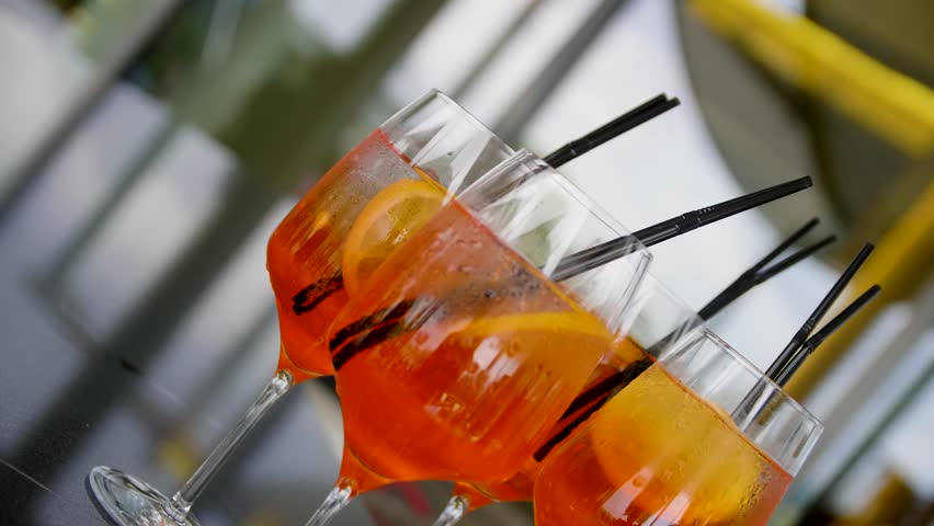 Close-up of glasses of cocktails on a buffet table in a restaurant.