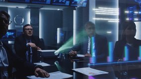 Business Professionals in a Meeting Room Analyze Financial Data Holograph Projected on Screen. Diverse Team Collaborates on Strategic Planning Using Digital Analytics, Charts, Graphis, Growth Visuals - Powered by Shutterstock - Get 15% off with code: PIKWIZARD15