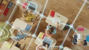 Top down View: Children in a School Use Tablets and Laptops to Study Digital Literacy, AI Data Lines Connect into Learning. Diverse Kids Connected Through Digital Knowledge Network, Modern Technology - Powered by Shutterstock - Get 15% off with code: PIKWIZARD15