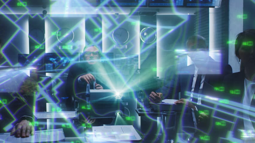 Executives in a Conference Room Discuss Infrastructure Data Displayed on a Futuristic Projector. Diverse Team Does Strategic Traffic Planning With Holographic Visuals and Digital Analytics. - Powered by Shutterstock - Get 15% off with code: PIKWIZARD15