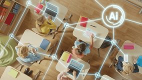 Top-down View of Children in Classroom Use Tablets and Laptops, Connectivity by Lines of AI Data, Information. Diverse Kids Study with Interactive E-Learning, Modern Education, Digital Literacy - Powered by Shutterstock - Get 15% off with code: PIKWIZARD15