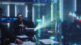 Corporate Meeting With Diverse Team Analyzing Financial Data Showing by Holographic Projector. Business Professionals Discussing Numbers and Charts in Conference Room. Investors Work on Growth - Powered by Shutterstock - Get 15% off with code: PIKWIZARD15
