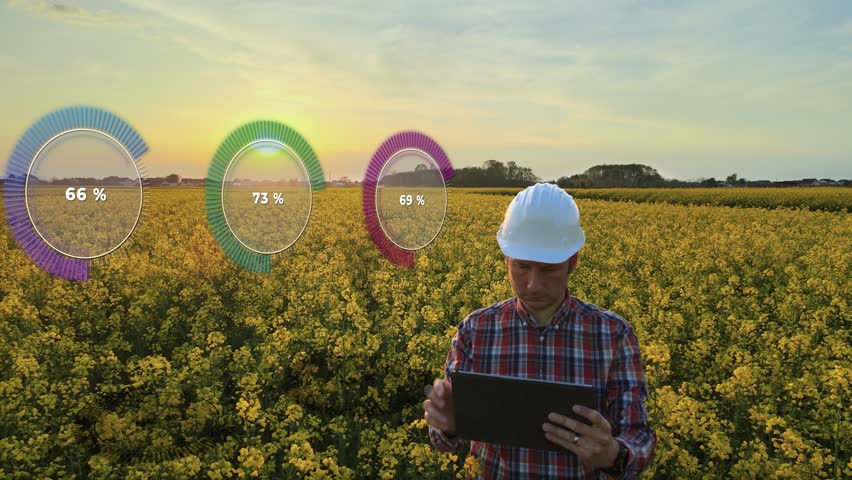 Precise farming technology with infographics and modern equipped engineer. Smart Agriculture concept